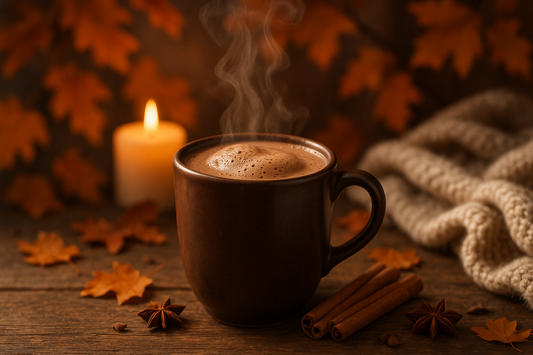 dark hot chocolate in a mug with a cosy autumn back ground