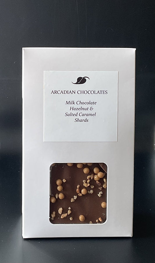 Milk Chocolate Hazelnut and Salted Caramel Pearl Shards